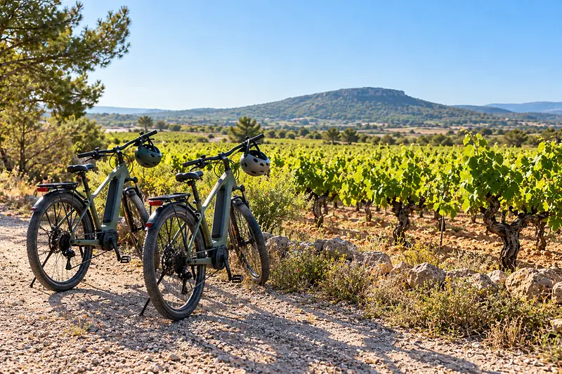 Dos bicicletas eléctricas aparcadas junto a un camino entre viñas