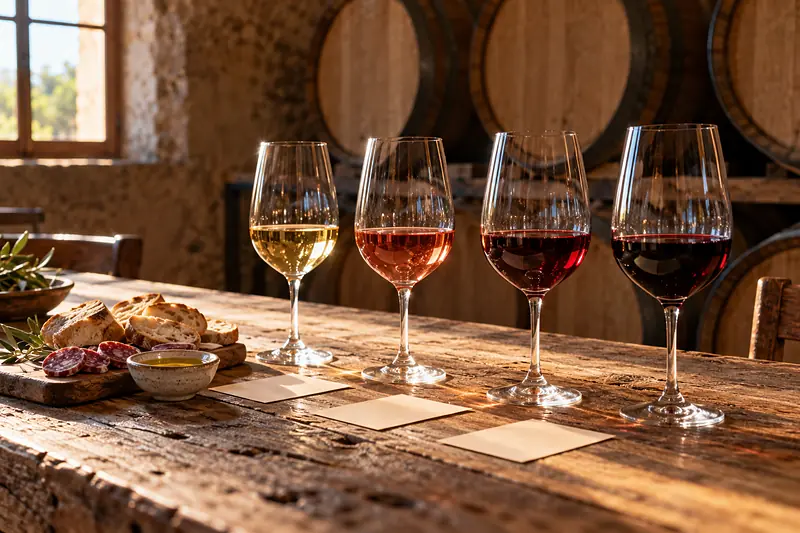 Cuatro copas con vinos del blanco al tinto sobre una mesa de madera, con pan y embutido