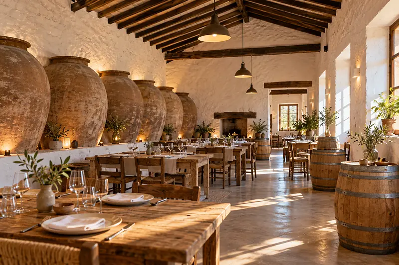 Comedor en una antigua nave de bodega con vigas de madera, tinajas de barro y mesas preparadas