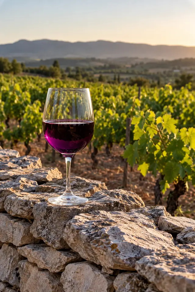 Copa de vino tinto violeta sobre un muro de piedra seca, con el viñedo desenfocado detrás