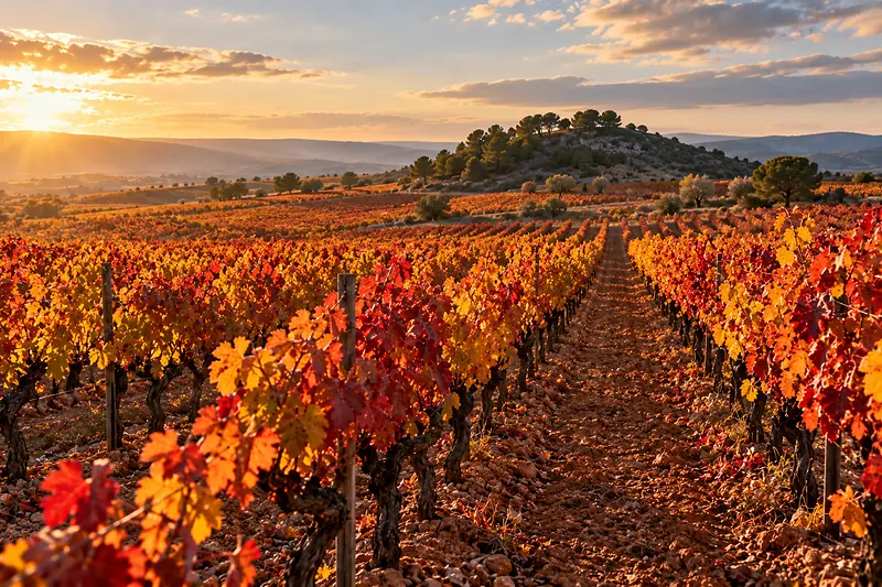 Viñas en otoño, con las hojas rojas y amarillas