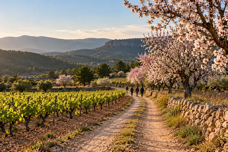 Camino de tierra entre viñas y almendros en flor